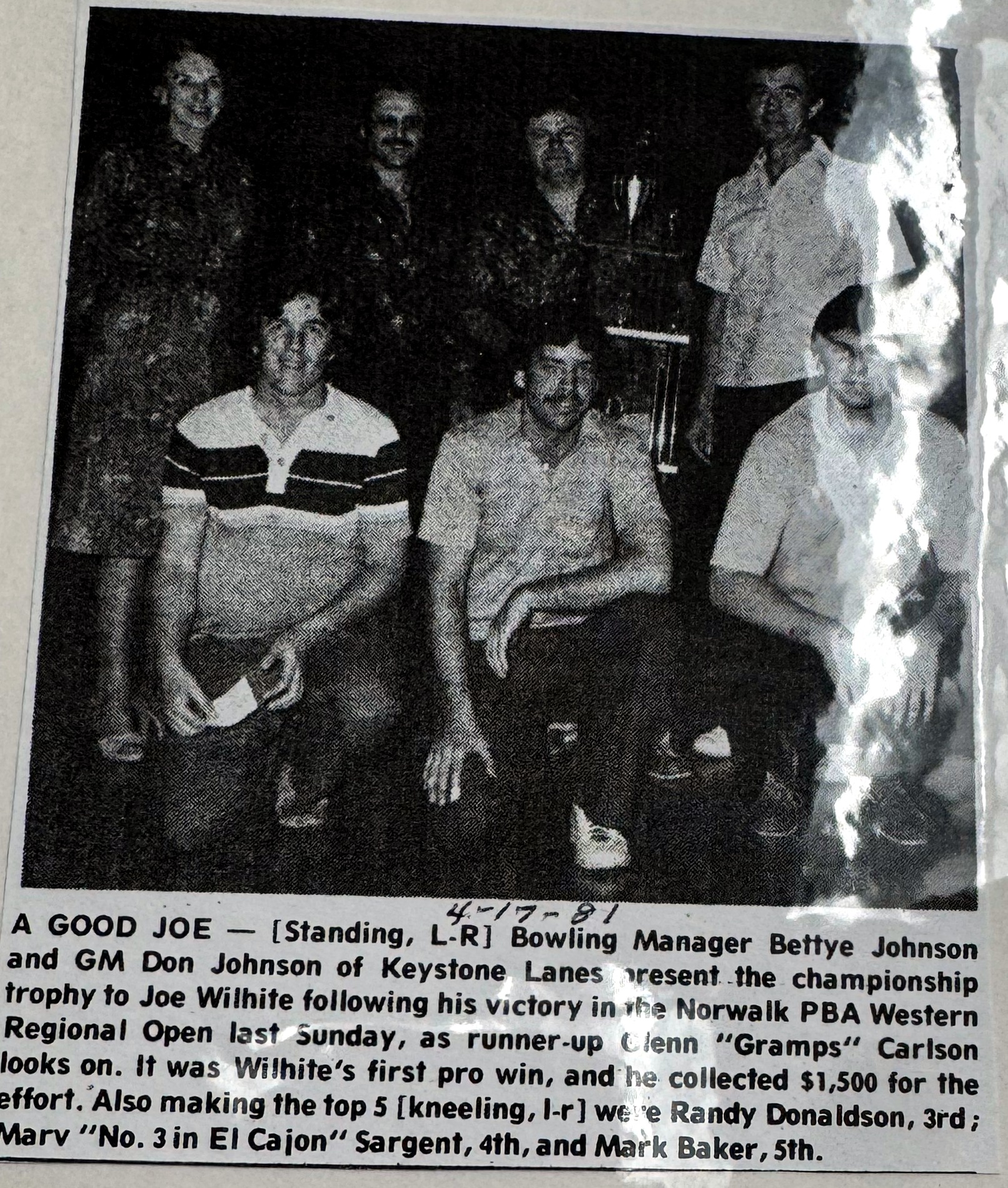 Archival newspaper clipping reporting Joe Wilhite's PBA regional bowling victory